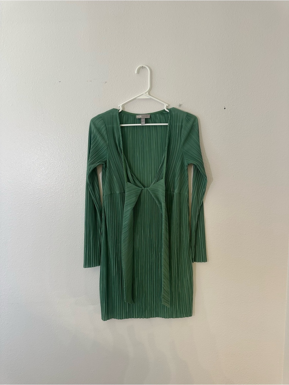 ASOS Green Long-Sleeve Pleated Tie-Front Mini Dress